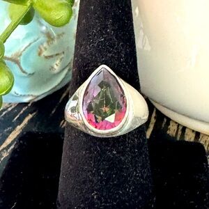 925 Sterling Silver/Copper Mystic Topaz Pear Shape Cut Gemstone Ring Sz 8.5